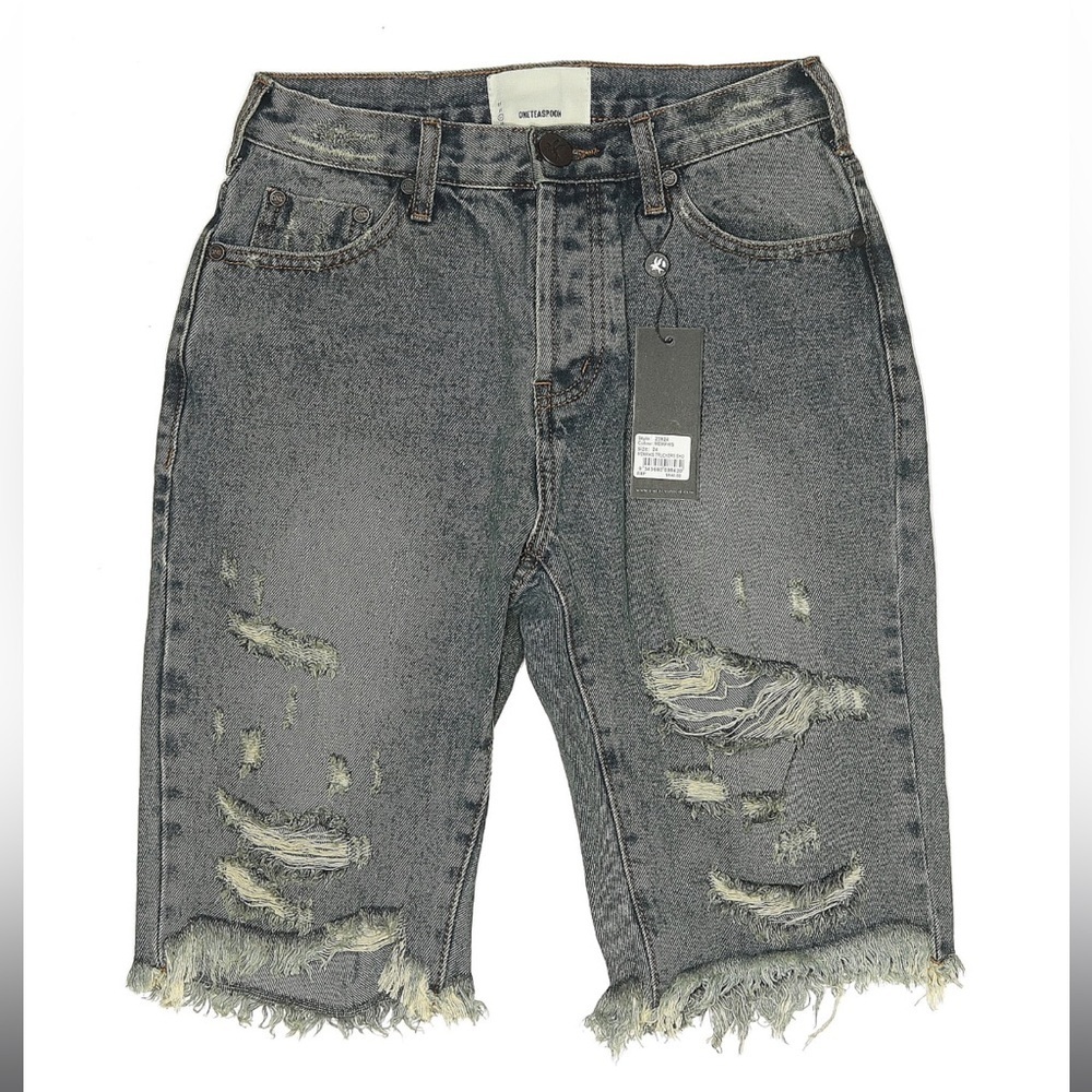 One Teaspoon Trucker Denim Shorts High Rise Distressed Black Gray Bermuda 24 NWT